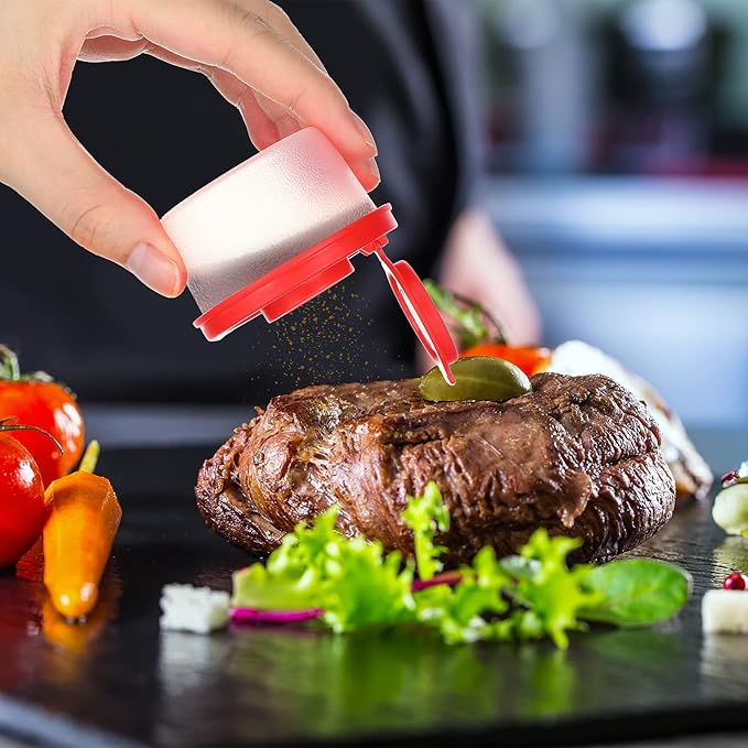 4 Pcs Salt and Pepper Shakers Set Mini Plastic Pepper Shaker with Lid Damp Proof Popcorn Containers Clear Spice Jars Salt Shaker for Travel Camping Picnic Lunch Dining Kitchen (Red, Small)