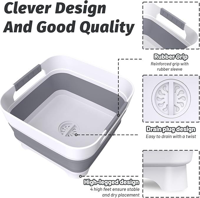 Collapsible Dish Basin with Drain Plug, 9L(2.4Gal) Capacity, Space Saving Portable Sink for Baby bottle, Kitchen, Camping& RV, Gray