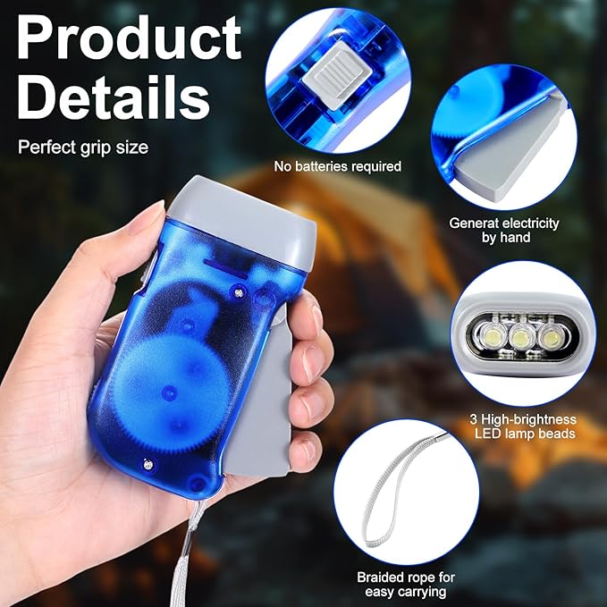 Leelosp 48 Pcs Hand Crank Flashlight No Battery Required Cranked Flashlight Manual Press Flash Light 3 LED Squeeze Light for Camping Hiking Power Outage Gift(Blue)
