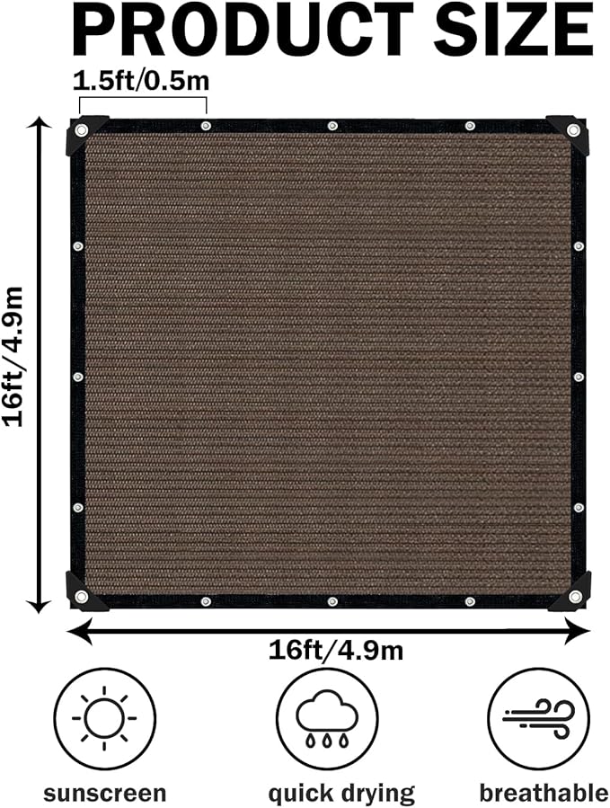 Mocha Sun Shade Cloth,Pergola Shade Cover with Reinforced Grommets,90% Shade Fabric Fence Privacy Screen Balcony,Pergola Shade Cover Canopy Garden Carport Porch Deck Patio Shade,16x16FT