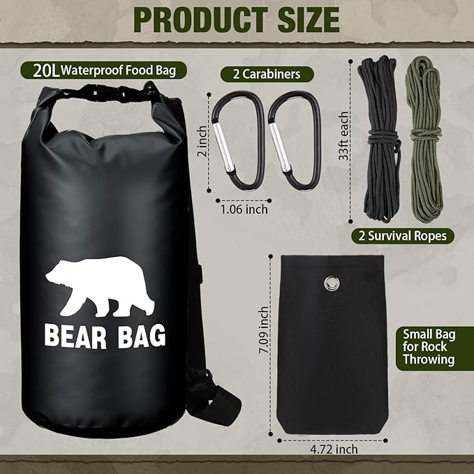 1 Set Bear Food Bag for Camping Ultralight Food Hanging System Includes Waterproof Bear Bag, Nylon Ropes, Hooks for Camping Backpacking