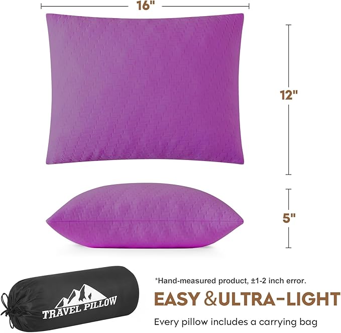 Small Shredded Memory Foam Pillow, Camping Pillow Travel Pillow - Compressible Medium Firm, Breathable Cover, Ideal Backpacking Hiking, Airplane and Car (Purple, S)