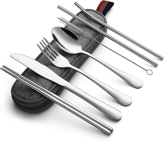 DEVICO Portable Utensils, Travel Camping Cutlery Set, 8-Piece including Knife Fork Spoon Chopsticks Cleaning Brush Straws Portable Case, Stainless Steel Flatware set (Silver)