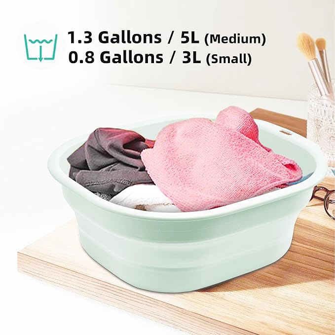 2 Pack Collapsible Wash Basin Set, Foldable Dish Tub, Small Medium Portable Sink for Kitchen, Camping, RV, Baby Bottles, Laundry, Plastic Washbasin -Green