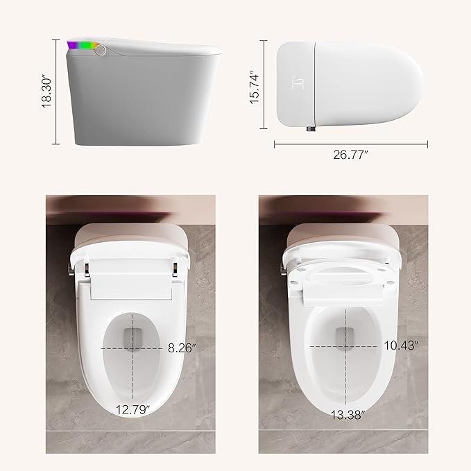 Smart Toilet, One Piece Bidet Toilet for Bathrooms, Toilets with Warm Water Sprayer & Dryer, Foot Sensor Operation, Heated Bidet Seat, Tankless Toilets with Fahrenheit LED Display