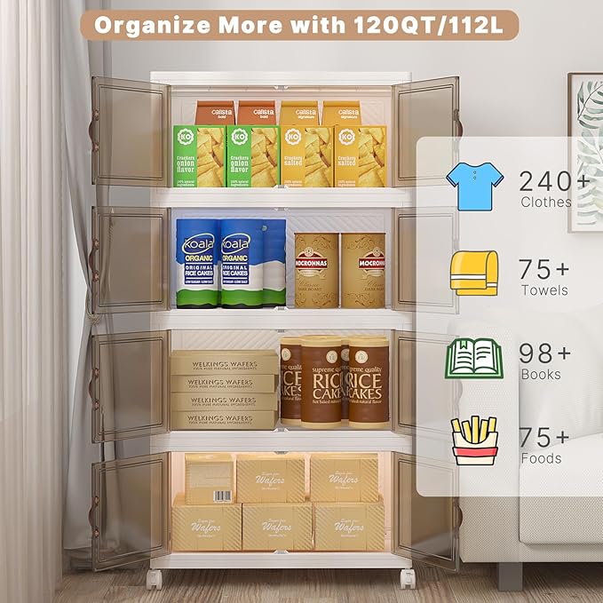 Extra Large Stackable Storage Binswith lids & Wheels, Foldable Collapsible Closet Organizers,480QT-120QT/30GAL*4Pack Plastic Containers with door & drawers for bedroom Dorm