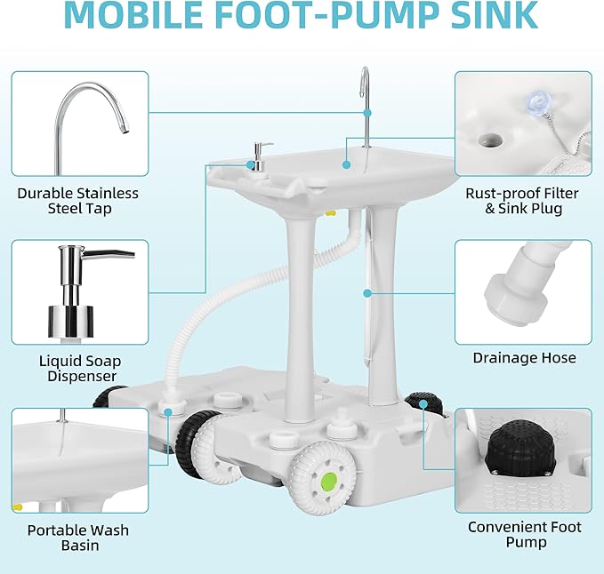 YITAMOTOR 30L Portable Camping Sink, Portable Hand Washing Station 30L Sewage Tank with Large Wheels, Foot Pump, Towel Holder, Soap Dispenser for Outdoors, Garden, Camping, Worksites, Camping Events