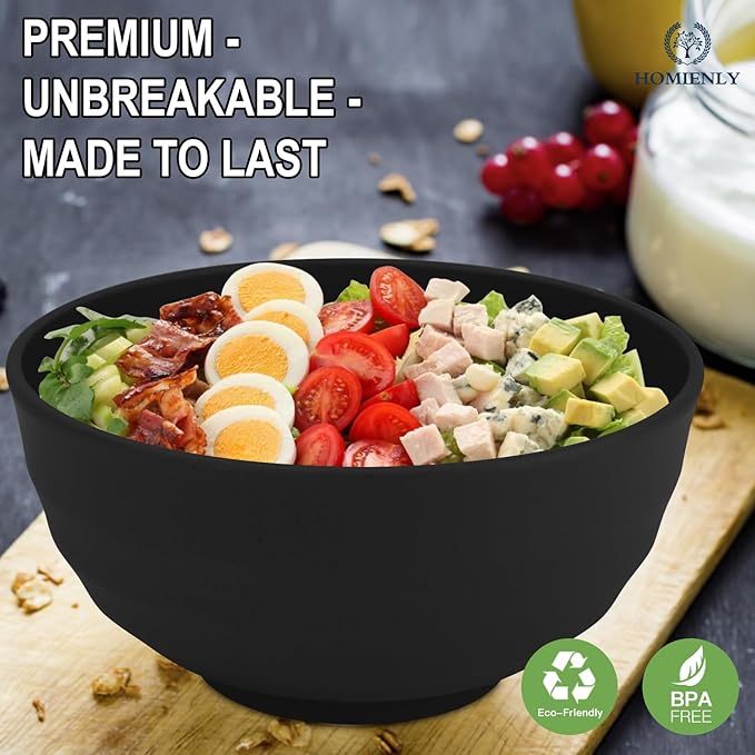 Homienly 60 OZ Salad Bowls,Large Soup Bowls Set of 8,Wheat Straw Bowl Sets,Unbreakable Large Serving Bowls,Big Cereal Bowl for Kitchen, Salad, Soup, Microwave and Dishwasher Safe Bowl - Black