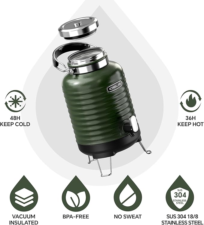 IDEUS Insulated Beverage Dispenser 5.2L, All-in-one for Camping Vacuum Double-Wall Stainless Steel Water Cooler Coffee Carafe Jug Leakproof Drink Container with Handle, Spigot & Stand (Green)