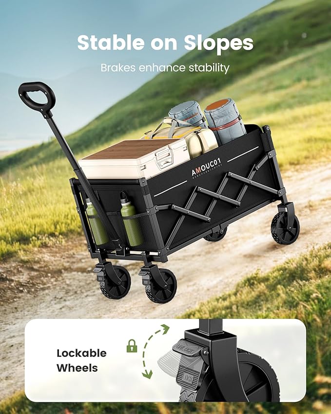 AMADA HOMEFURNISHING Wagon Cart Foldable, Collapsible Wagon Cart with 360 LBS Max Load & Expandable Storage, 90L Foldable Grocery Cart with 2 Cup Holders for Outdoor, Groceries, Garden & Camping