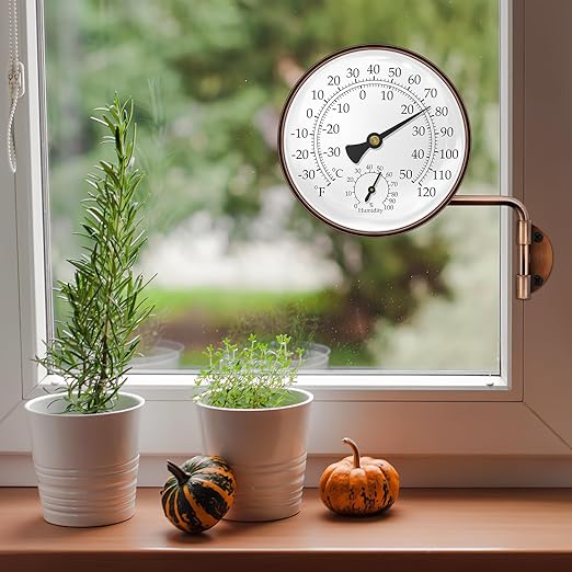 4" Brass Swivel Thermometer Indoor Outdoor Thermometer, Outside Decorative Weather Thermometer Hygrometer for Kitchen Window, Patio, Greenhouse
