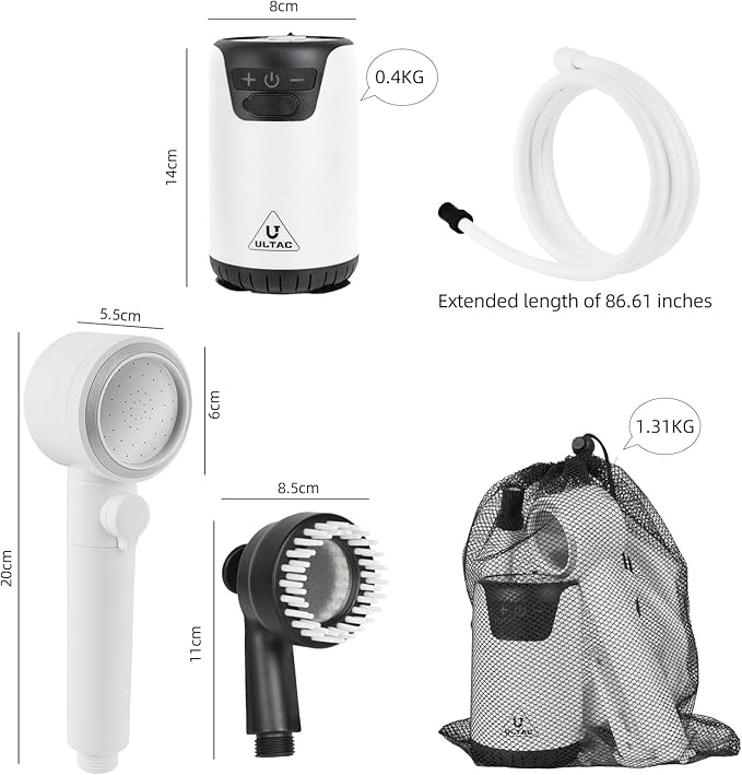 Portable Shower for Camping, 10000mAh Outdoor Electric Shower Pump Rechargeable IPX7 Waterproof Camp Shower with LED Display and 2 Head Nozzle for Camping, Hiking, Travel, Car, Pet