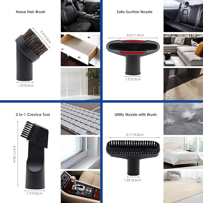 12 PCS Vacuum Attachments & Brushes Kit for Shop Vac Accessories & Household Cleaning, Includes 2 1/2" to 1 1/4" and 1 7/8" to 1" Vacuum Hose Adapters, Crevice Tool & 2 Vacuum Extension Wands