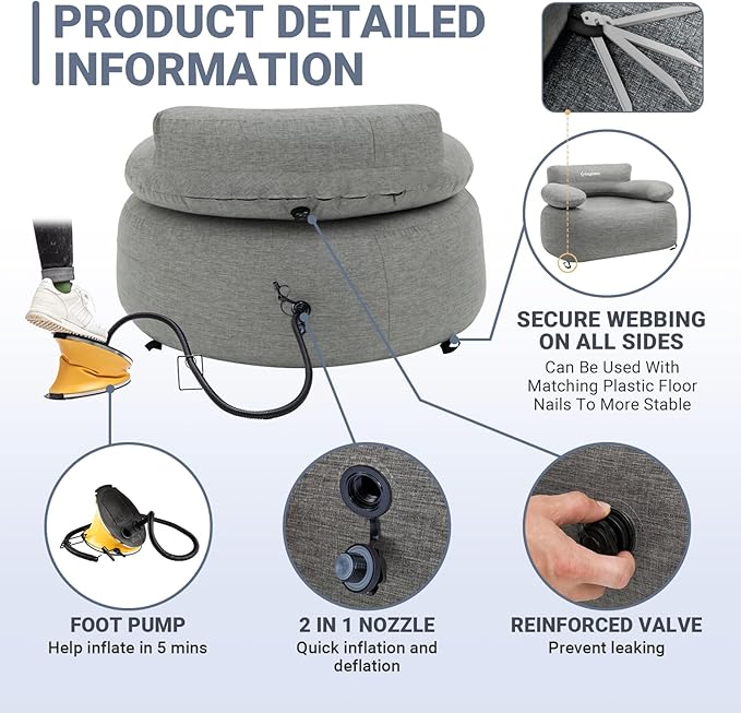 KingCamp Inflatable Couch for Camping, Portable Foldable Eco-Friendly Reach-Certified PVC Liner Air Lounger Blow Up Sofa with Foot Pump, Pegs, Repair Kit & Removable Cover