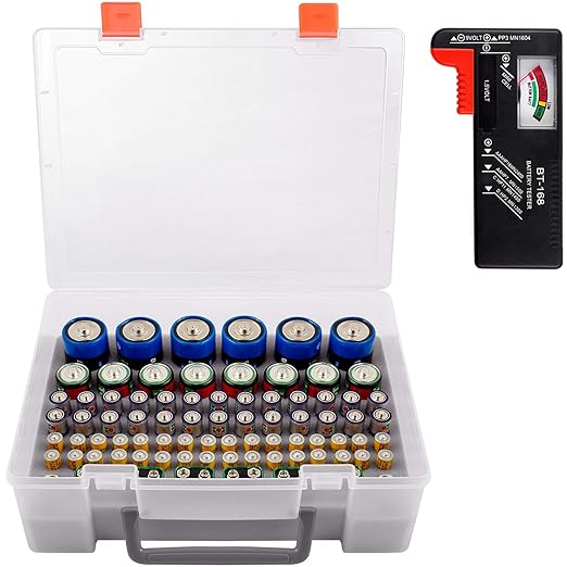 Battery Organizer Storage Box, Garage Storage Containers Case Holder with Checker Tester Fits for AA AAA C D 9V Lithium 3V (Not Includes Batteries Pack)