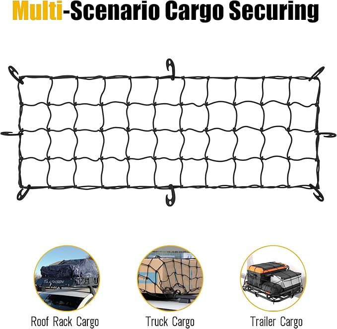 ARKSEN 51" x 19" Heavy Duty Tangle-Free Nylon Cargo Net(4.7" x 4.7" Mesh), Universal Bungee Net for Pickup, Trucks, SUV, Roof Racks, and Travel Luggage Racks