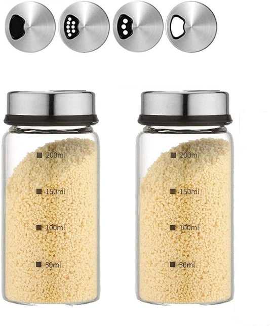2 Piece 4-Neck Glass Seasoning Shakers with Adjustable Pour Holes - Moisture Resistant, Salt and Pepper Shakers - For Seasoning, Picnics (2 medium jars, 7oz each)