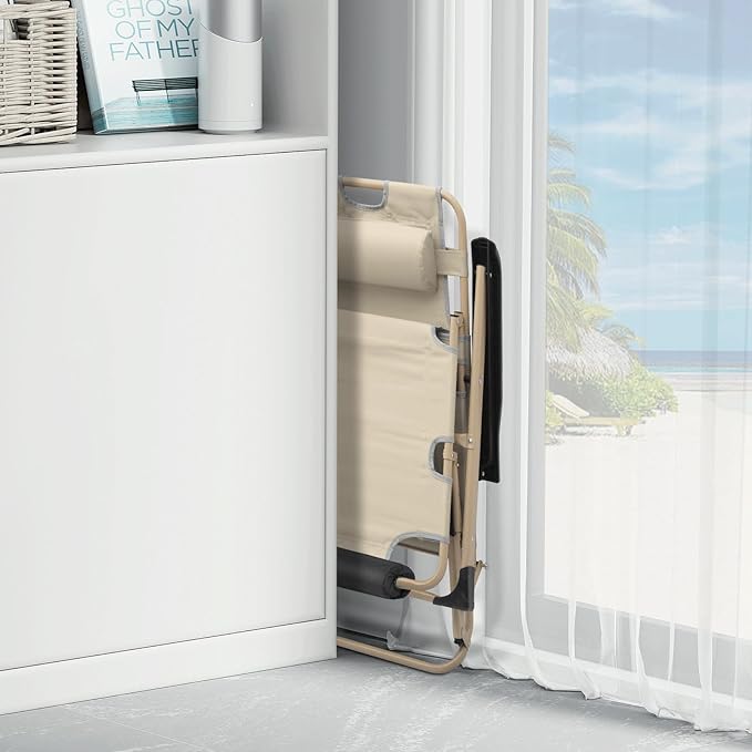 MoNiBloom Set of 2 Folding Reclining Patio Chairs, 3-Position Patio Lounger Folding Chairs with Footrest for Backyard Poolside Lawn, Cream, 330lbs Capacity