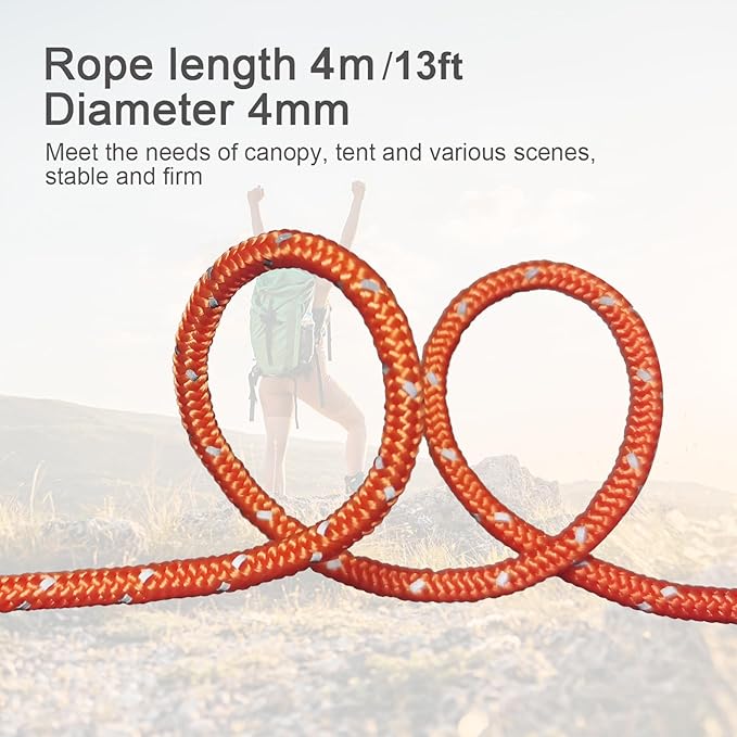 8 Pack High-Reflective Guy Lines 4mm Tent Cords High-Strength Lightweight Camp Ropes with Aluminum Adjuster Tensioner for Tent, Tying Down Tarps, Camping, Outdoor Packaging (Orange)