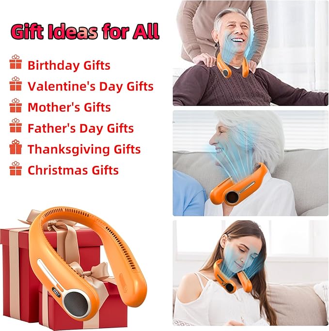 Portable Neck Fan,Gift Ideas,Personal Wearable Bladeless Fan,360° Cooling,LED Display,4-Speeds,6000mAh Rechargeable,Powerful Wind,Outdoor Travel Camping,Birthday Gifts for Men Women Dad Mom (Orange)