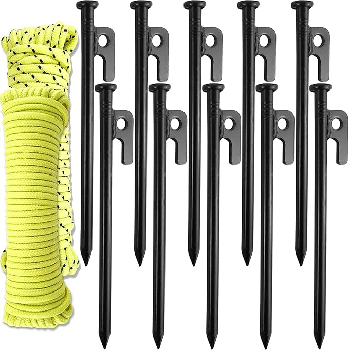 Wellmax 10PC Heavy Duty Tent Stakes with 2PC Glow in Dark Rope 3/16" x50ft and 1/4" x50ft (Black)