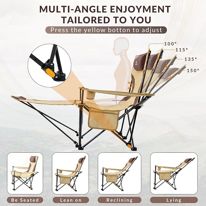 Reclining Camping Chair 4-Position Adjustable, Lightweight Folding Lounge Beach Chair for Adults with Removable Footrest & Headrest, Cup Holder & Storage Pouch for Outdoor(330lbs Capacity), Khaki