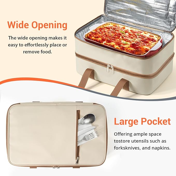 Double Insulated Casserole Carrier for Hot or Cold Food,Pie Carrier Bag Lunch Tote for Potluck Parties/Picnic/Cookouts, Fits 9"x13" Baking Dish, Beige