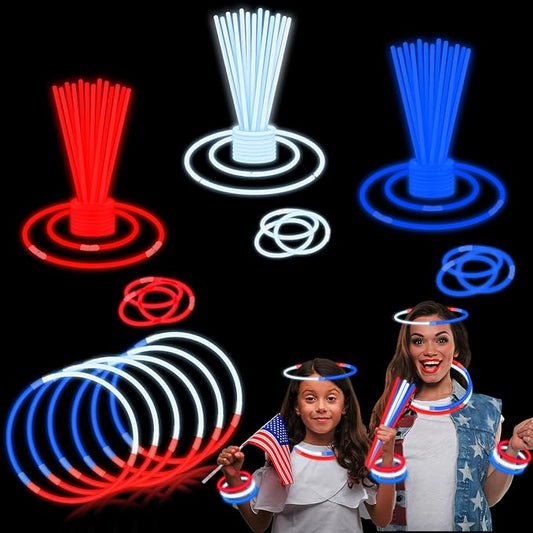 Patriotic Accessories Toys Gifts for Kids ＆ Adults 90 PCS, Red White Blue Glow Sticks Light up Neon Bracelets Necklaces for Parade Throws, Party Favors Supplies Decorations for Labor Veterans Day