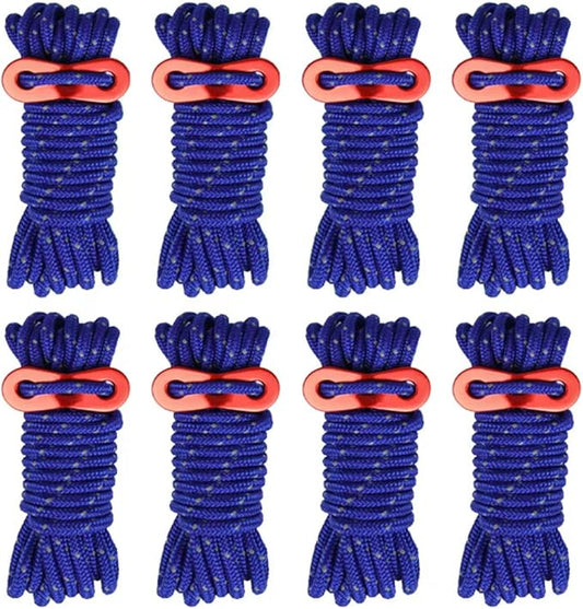8 Pack 4mm Guy Lines Ultralight Tent Cords with Aluminum Adjuster Tensioner Outdoor Camping Guylines Ropes for Tent Tarp,Climbing,Hiking Backpacking (Blue)