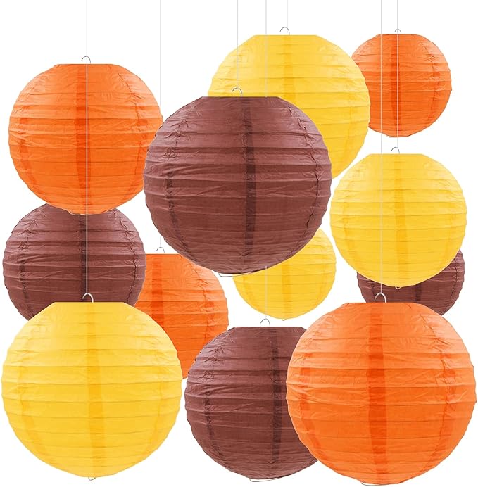 12 Pcs Fall Paper Lanterns Thanksgiving Decorations Yellow Orange and Brown Paper Lanterns Autumn Decorative Round Hanging Party Decorations Harvest Theme Party Supplies