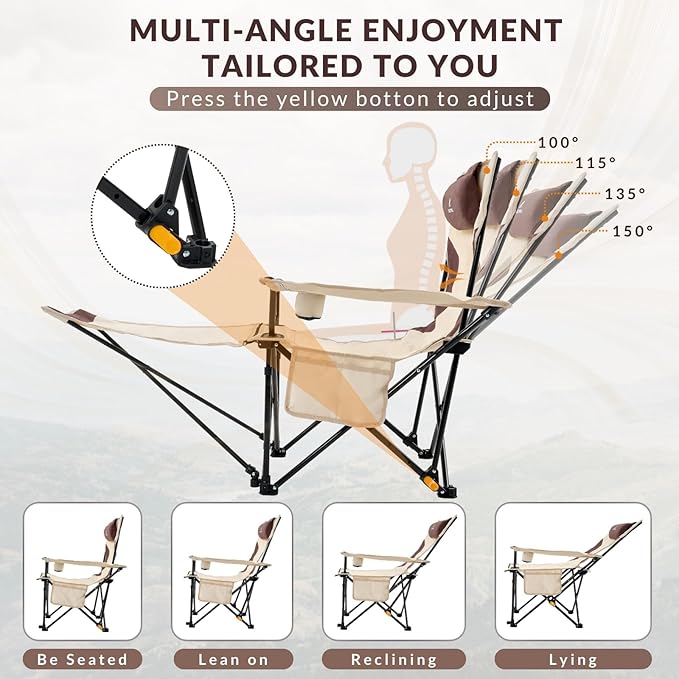 Reclining Camping Chair 4-Position Adjustable, Lightweight Folding Lounge Beach Chair for Adults with Removable Footrest & Headrest, Cup Holder & Storage Pouch for Outdoor(330lbs Capacity), Beige