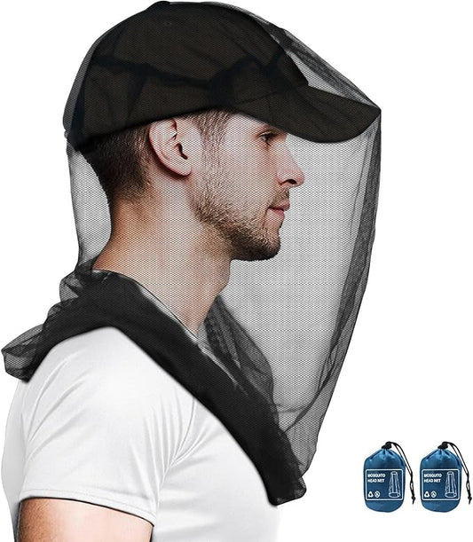 Mosquito Head Net for Insects, 2 Pack, Premium Bug Net for Head, Fly & Bug Protection | Ultra Large & Long, Finest Holes for Camping, Hiking, Fishing, Gardening, Fits All Hats for Men & Women