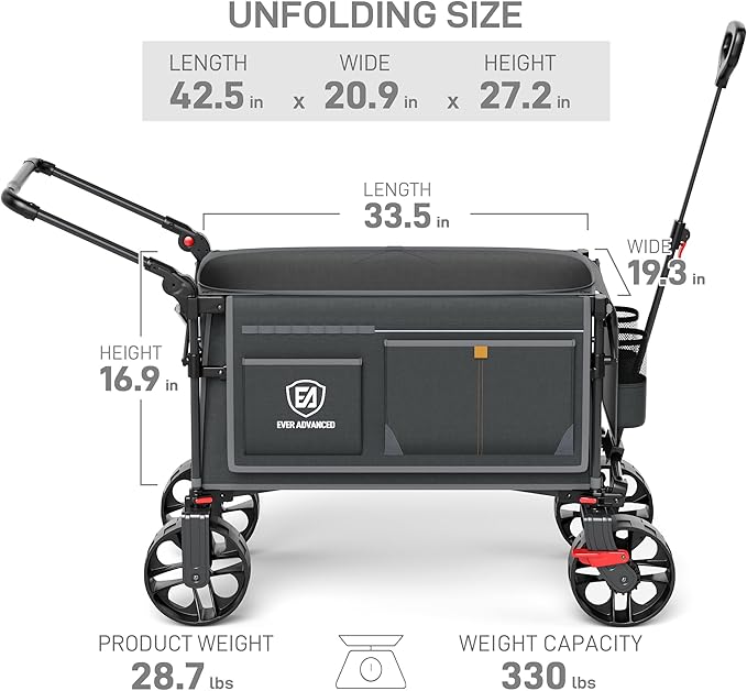 EVER ADVANCED Folding Push Wagon with Brakes, Portable Shopping Cart, Collapsible Wagon Cart with All-Terrain Big Wheels for Camping, Beach, Sports