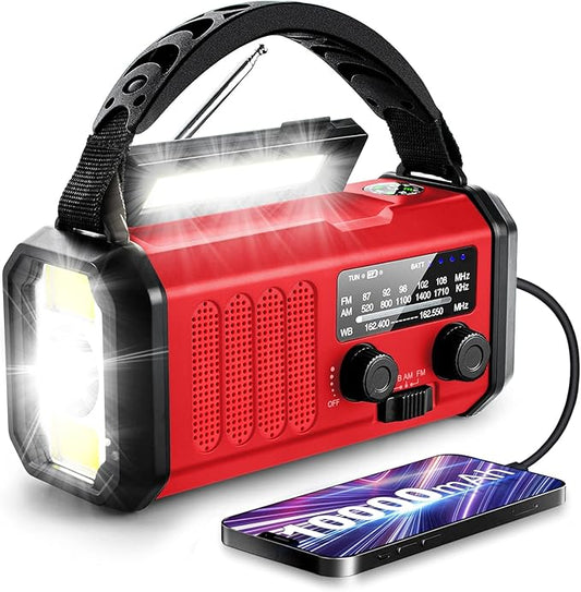 Hand Crank Emergency Radio, 10000mAh/37000mWh Solar Powered AM/FM/NOAA Weather Radio with Multi-Function LED Flashlight and Cell Phone Charger for Indoor/Outdoor Emergencies