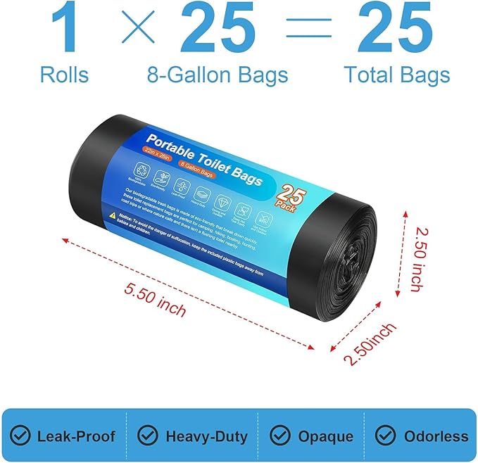 25 Portable Camping Toilet Bags, Biodegradable Compostable Thickened for 5 Gallon Bucket Toilet