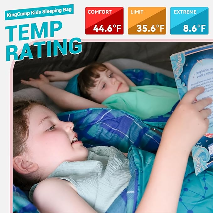 KingCamp 45° F Kids Sleeping Bag, Lightweight Waterproof & Compact Flannel Sleeping Bags Cold Weather & Warm Youth Essentials Gear Accessories for Camping, Fits 10-12 Children up to 5'5" Tall