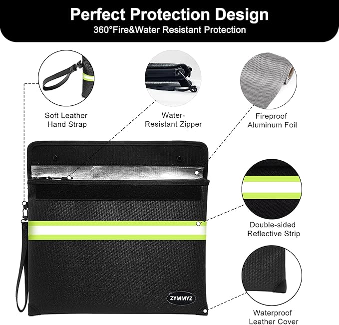 Fireproof Document Bag with Water Resistant Zipper,6200°F Heat Insulated Fire Proof Pouch with Soft Leather Hand Strap,Fire and Waterproof Envelope for Cash,Documents,Jewelry