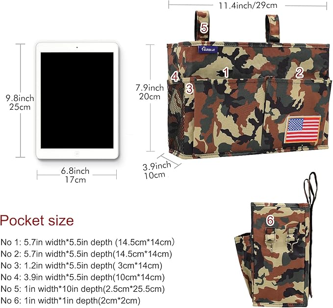 Surblue Bedside Caddy Hanging Organizer Storage Bag Pocket for Bunk, Hospital Beds, College Dorm Rooms, Baby Bed Rails, Wheelchair Side Bag, Camp Chairs, 4 Pockets and 2 Hooks (Small Jungle)