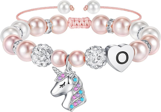Hidepoo Unicorn Bracelet Gifts for Girls - Adjustable Pink Pearl and Rhinestone Balls Heart Initial Unicorn Bracelets Jewelry CZ Unicorn Bracelet Birthday Gifts for Girls