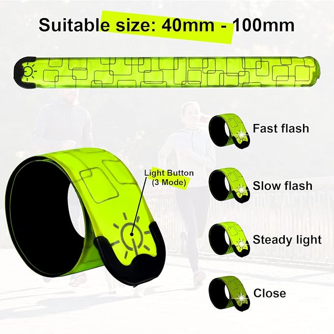 LED Safety Wristband Lights - Rechargeable Light Up Arm Ankle Band Kids Magic Slap Glow Bracelets Reflective Belt High Visibility for Night Cycling Walking Joggers Running Gear