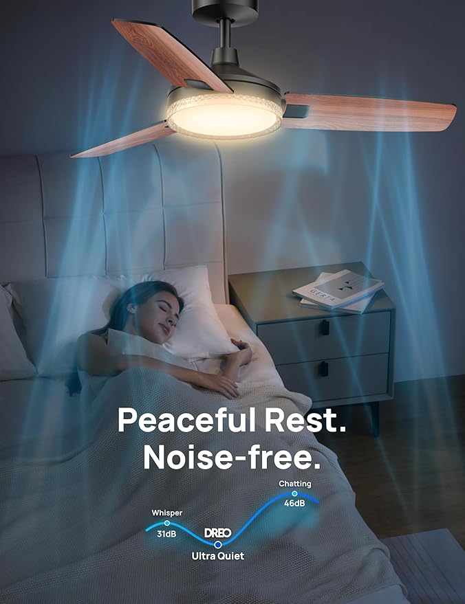 Dreo Smart Ceiling Fans with Lights, 42 Inch Black Ceiling Fan, 12 Speeds & 3 Fan Modes, Stepless Color Tones, Dimmable LED Light, 1-12H Timer, Quiet DC Motor, Remote/APP/Alexa/Wall Switch Control