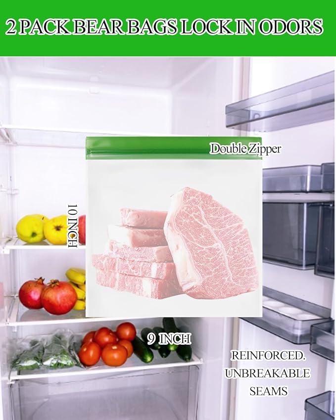 2 pack Bear Bags for Food Backpacking, Double Seal Odor Barrier Storage Bags Reusable Camping,No-Odor Zipper Barrier Bags Fit Home Organization, Food Storage,Freezer Safe (9x10in)