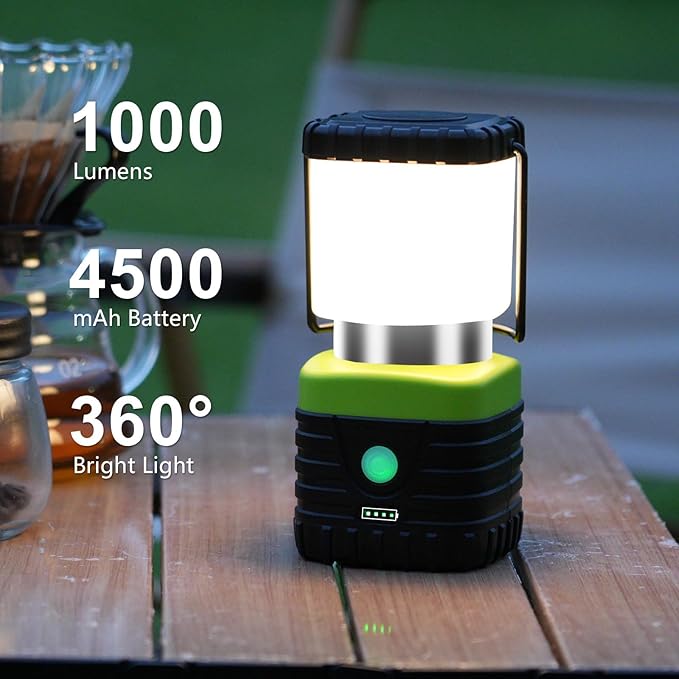 3PCS 3200K Warm Light LED Camping Lantern Rechargeable 1000LM, 4500mAh Power Bank, Flashlight for Hurricane Emergency, Hiking, IP44 Waterproof Lantern(Green)