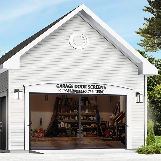 Garage Door Screen for 2 Car Garage 16x7 FT - Magnetic Retractable Fiberglass Mesh 16x7ft & Heavy Duty Weighted Bottom, Include Screws & Repair Patches - Easy Assembly for Patio Workshop Gym