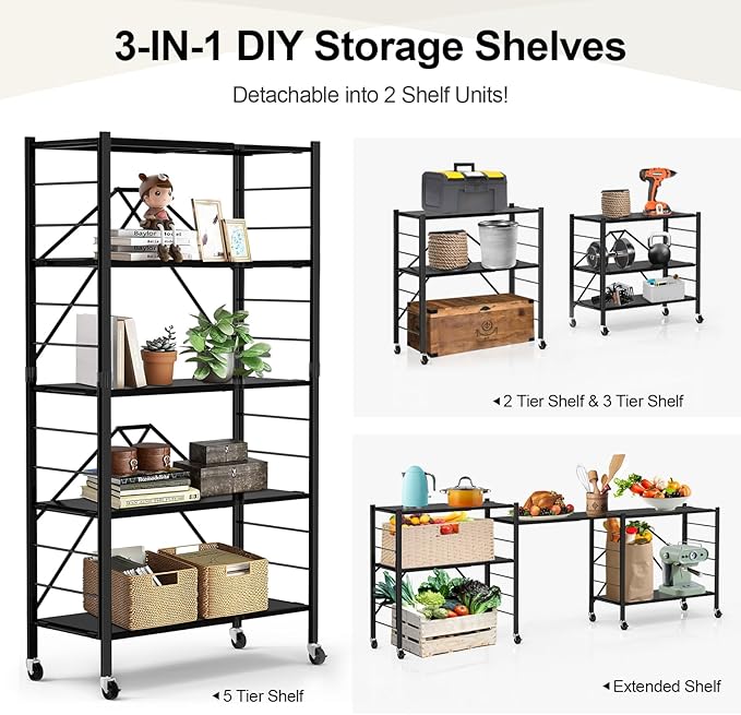 5 Tier Foldable Storage Shelves, Expandable Folding Shelving Units with Wheels, Changeable into 2 Shelf Units, Collapsible Adjustable Storage Rack Metal Shelves for Storage, Pantry, Garage, Kitchen