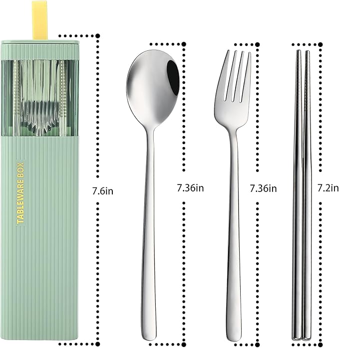DEVICO Travel Utensils with Case, 18/8 Stainless Steel Reusable Silverware Set for Lunch Box, Portable Cutlery Set, Fork and Spoon Set for Camping, Lunch, Picnic, Workplace, School (Green)