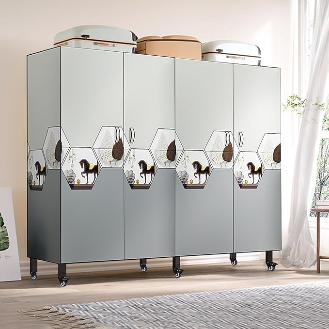 FPIGSHS Heavy Duty Clothes Rack with Magnetic Door 2000LBS Foldable Portable Wardrobe Closet for Hanging Clothing Rolling Garment Rack on Wheels for Bedroom Closet System (C(Pattern Door, 59in)