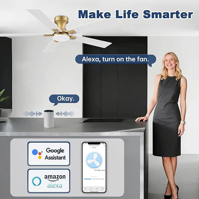 cumilo 52 inch Smart Ceiling Fan with Lights Remote,Quite DC Motor,WIFI Control via Alexa Voice,APP.Dimmable LED,Flush Mount Outdoor Indoor Ceiling Fans for Bedroom Patio Porch,Gold and White Black