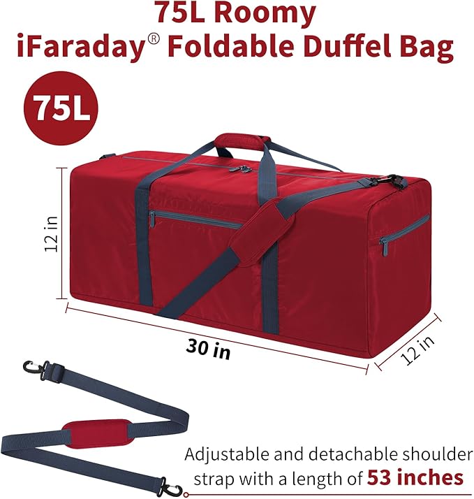 Foldable Duffle Bag 30 inch 75L Large Lightweight Luggage Bag for Travel Camping Storage-Red