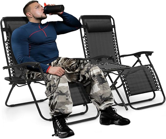 MoNiBloom Oversized Lounge Beach Chairs for Outside, 29" XL Zero Gravity Camping Chairs with Side Table, Pillow and Tray, 330lbs Capacity, Black